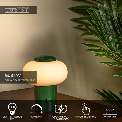 Lucide GUSTAV - Oplaadbare Tafellamp - Accu/Batterij - Ø 8 cm - LED Dimb. - 1x0,8W 2700K - Groen | Essential - USP